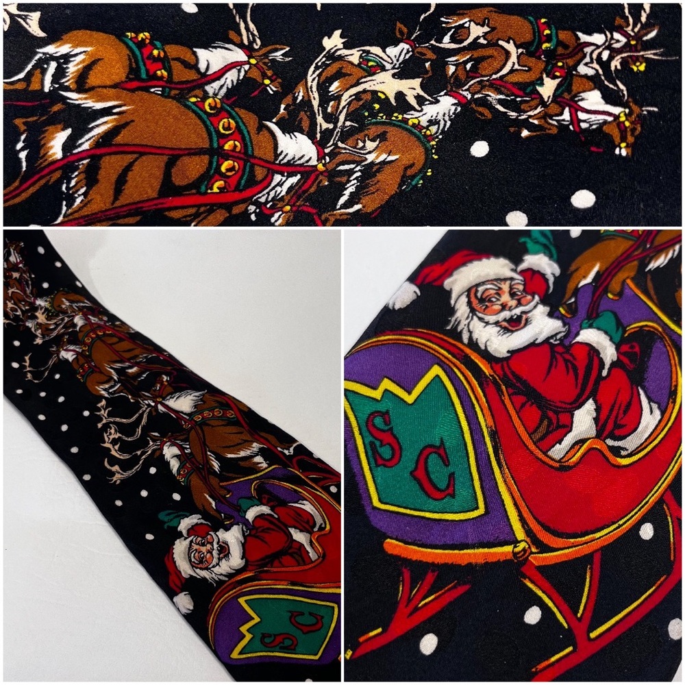 Vintage Silk Christmas Tie Santa’s Sleigh & Reindeer Holiday Necktie